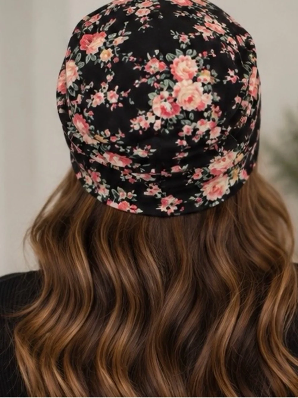 Floral Slouch Beanie - Black with Pink Floral Print
